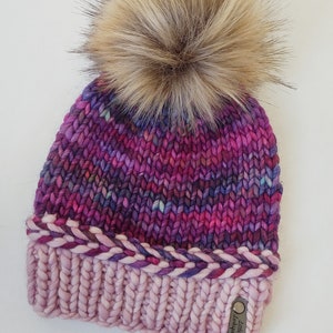 Merino Wool Adult Hand Knit Hat w/ Faux Fur Pom Pom. Tidal Crest Beanie. Luxury Beanie.  Deep Purple Light Pink Winter Hat. Malabrigo Rasta