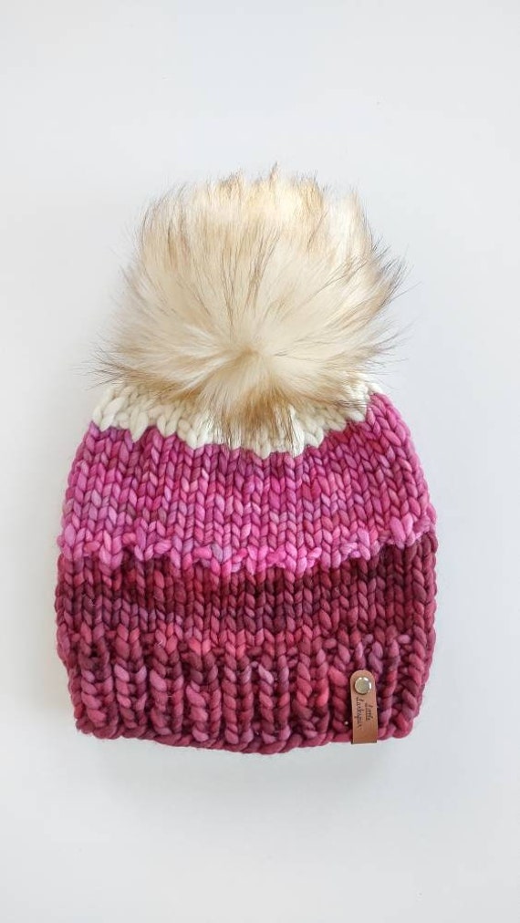 Merino Wool Adult Hand Knit Hat w/ Faux Fur Pom Pom. Color Snap Beanie. Luxury Beanie. Pink, Red, White Warm Winter Hat. Malabrigo. Cozy