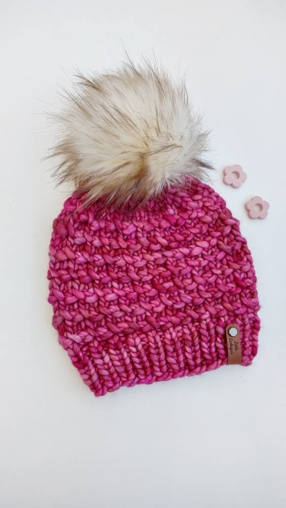 Merino Wool Adult Hand Knit Hat w/ Faux Fur Pom Pom. Hidden Pearls Hat. Luxury Beanie. Fuschia Hat. Malabrigo Rasta. Soft Winter Hat. Cute