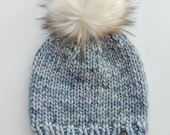 Hand Knit Light Blue Beanie, Merino Mohair Silk with Faux Fur Pom