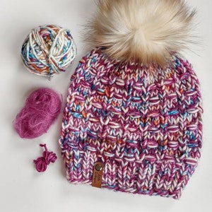 Merino Wool with Mohair Adult Hand Knit Hat w/ Faux Fur Pom Pom. River Lily Beanie. Luxury Beanie. Fuschia Pops of Colors Hat