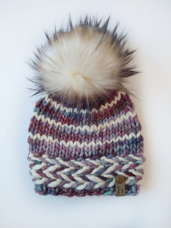 Merino Wool Hand Knit Baby Hat \ 6-12 month \ Purple Blue Cream Hat \ Banded Braids Beanie \ Baby Hat \Soft Baby Hat \ Faux Fur Pom Pom