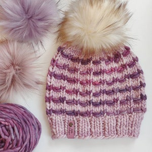 Merino Wool Adult Hand Knit Hat w/ Faux Fur Pom Pom. River Lily Beanie. Luxury Beanie. BLUSH and Purples Colored Hat