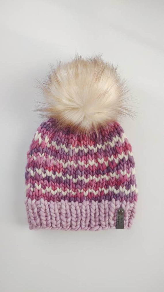 Merino Wool Adult Hand Knit Striped Hat with Faux Fur Pom Pom. Twinkling Lights Hat. Luxury Beanie. Purple Pink White Hat. Malabrigo Rasta