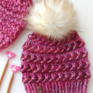 Adult Hand Knit Merino Hat with Faux Fur Pom Pom. Twisted Candy Hat. Soft Warm Winter Hat. Deep Red Pink Colors Malabrigo Rasta. Valentine&#39;s
