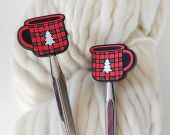 Red Plaid Christmas Tree Mug Knitting Needle Stoppers, US 3-15