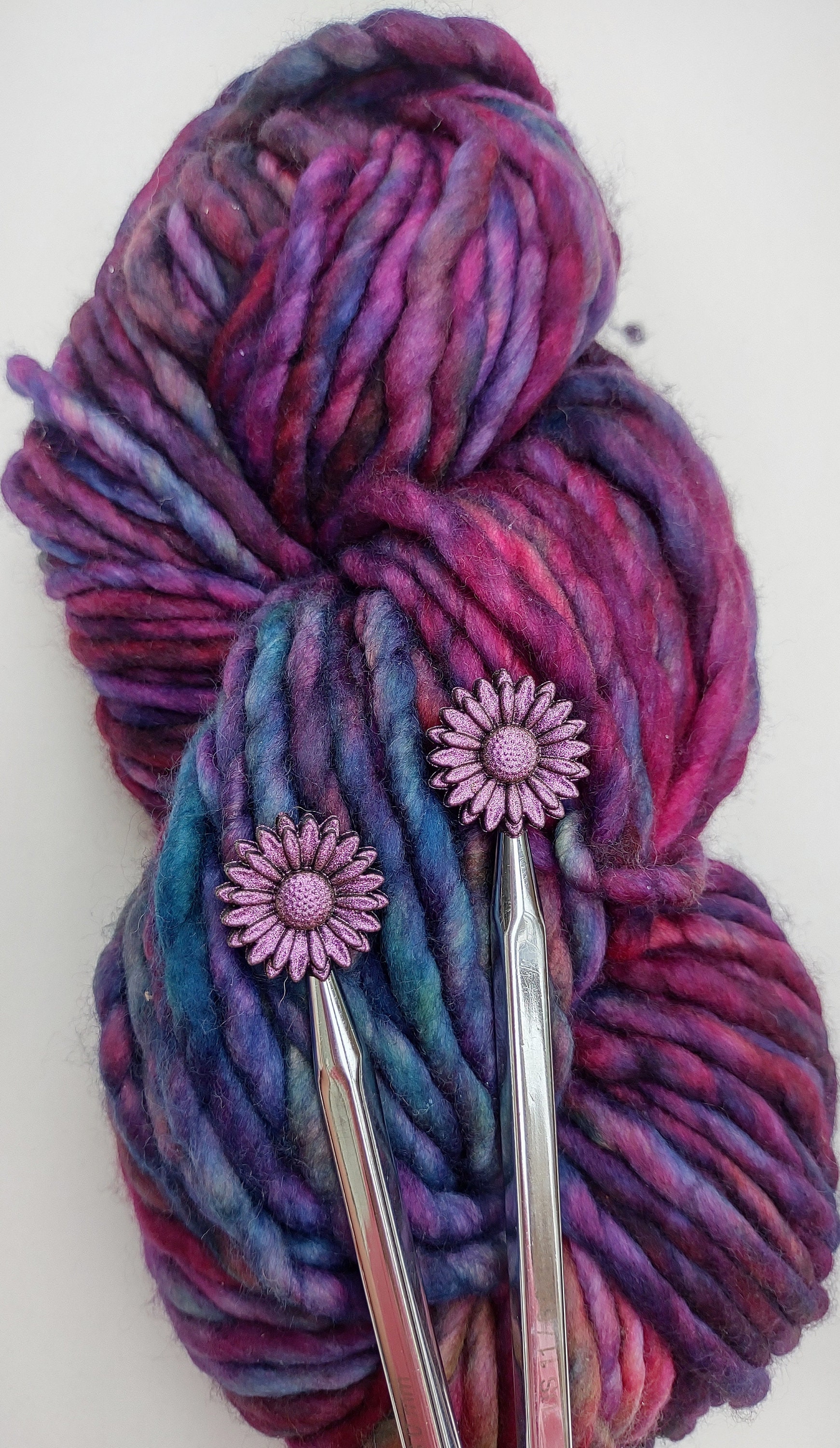 Opal Purple Black Daisy Knitting Needle Stitch Stoppers. Needle
