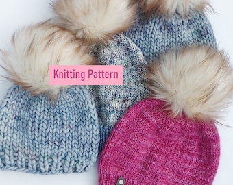 May include: Three knitted hats with faux fur pom poms. The hats are in shades of blue and pink. The text "Knitting Pattern" is visible on the image.