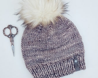 Merino Wool Adult Hand Knit Hat with Faux Fur Pom. Simplicity Beanie Warm Mocha Colors. Luxury Beanie Malabrigo Noventa Whole Grain Neutrals