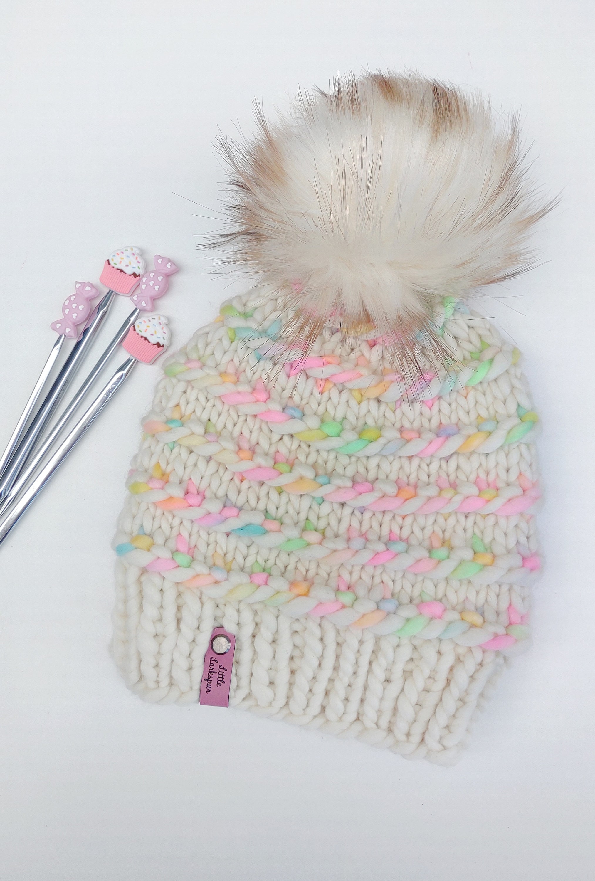 Handmade Wool Cream Knit Beanie with Colorful Pattern The Blushbow Beanie – A Crochet Hat Story About Handmade  main image 3