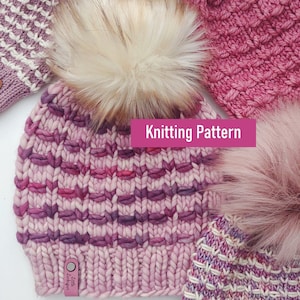 May include: Four pink knitted hats with faux fur pom poms. The hats have different stitch patterns and are labelled "Little Larkspur". The image includes the text "Knitting Pattern".