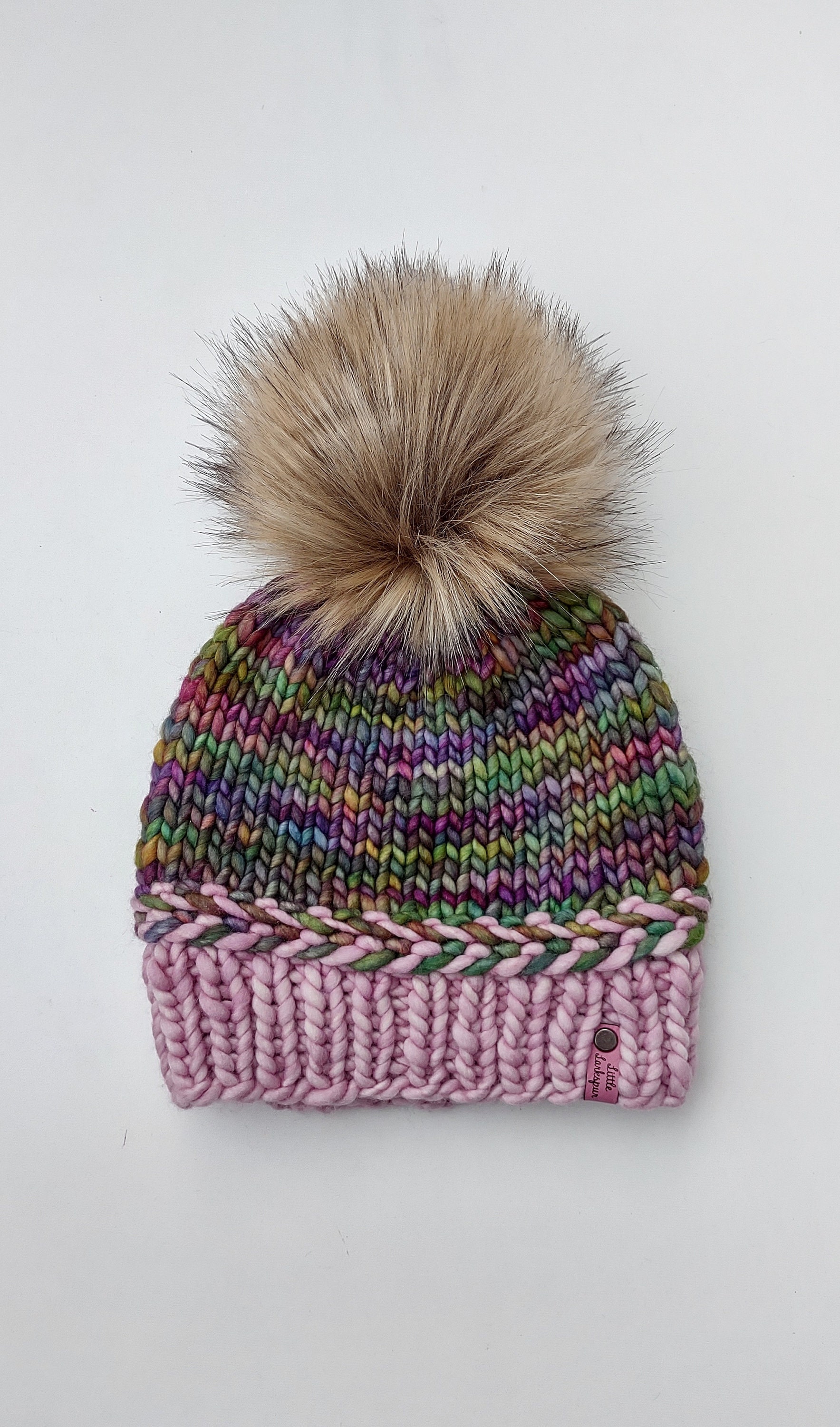 Hand Knit Chunky Beanie-Faux Fur Pom- Malabrigo Rasta Yarn The same but different. Malabrigo Rasta in Ivory, Natural  main image 2