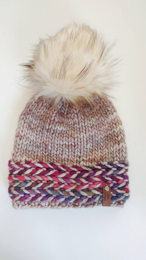 Merino Wool Adult Hand Knit Hat w/ Faux Fur Pom Pom \ Banded Braids Beanie \ Luxury Beanie \ Mocha & Rainbow Hat \ Winter Hat \ Cozy Hat