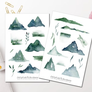 Conjunto de adesivos de montanhas verdes - adesivos de diário, adesivos de planejador, adesivos de montanha, plantas naturais, adesivos de caminhada