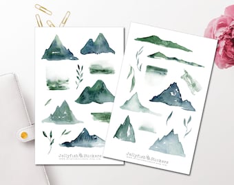 Green Mountains Sticker Set - Journal Sticker Planner Sticker Sticker Mountains Sticker Nature Plants, Hiking sticker