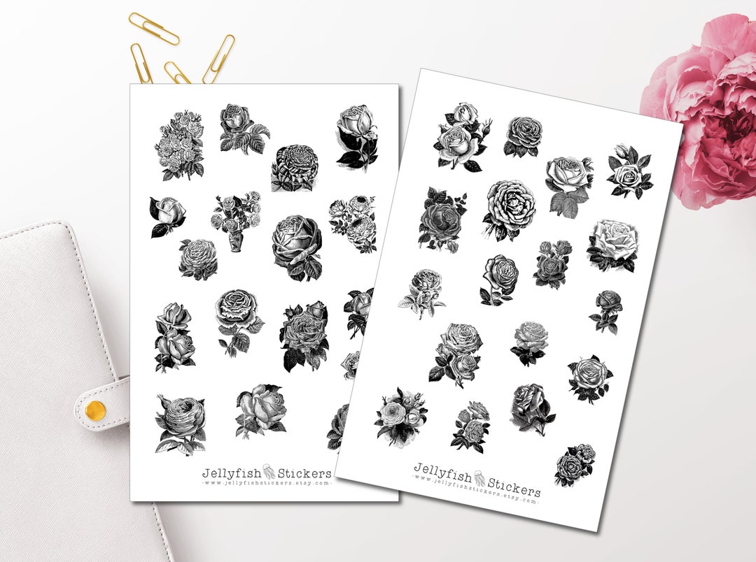 Vintage Rose Sticker Set - Black and White Stickers, Journal Stickers ...