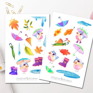 Ensemble d’autocollants de pluie d’oiseaux d’automne - Autocollants de journal, autocollants de planificateur, météo, nuages, automne, jardin, arbre, parc, parapluie, oiseaux, animaux