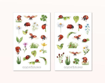 Lieveheersbeestje sticker set - dagboekstickers, plannerstickers, natuur, gras, weide, veld, lente, zomer, planten, insecten, geluk