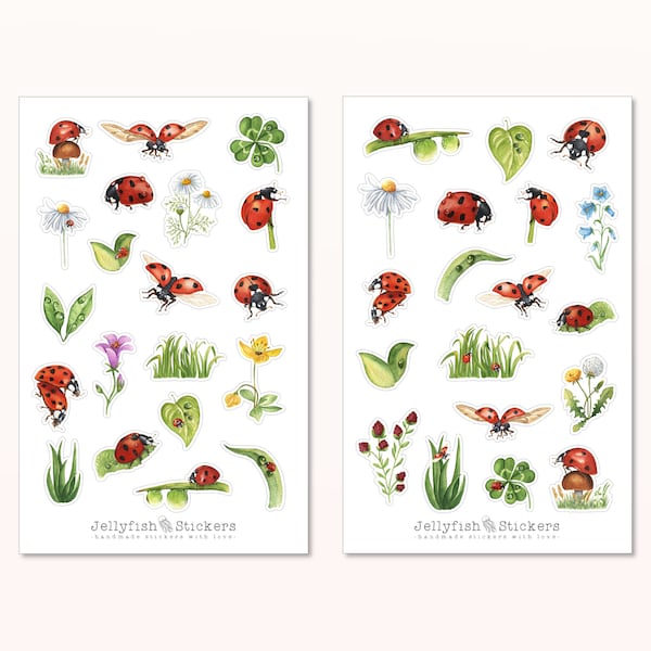 Marienkäfer Sticker Set - Journal Sticker, Planer Sticker, Natur, Gras, Wiese, Feld, Frühling, Sommer, Pflanzen, Insekten, Glück