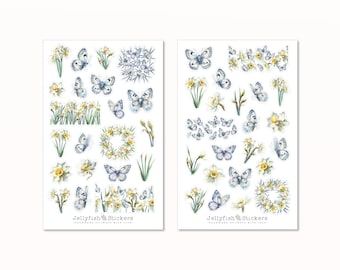 Butterfly Sticker Set - Journal Stickers, Planner Stickers, Nature Stickers, Flowers, Garden, Daffodil, Floral, Meadow, Butterfly, Blue