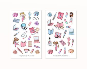 May include: Two sheets of stickers featuring a doctor theme. The stickers are colorful and include images of a doctor, medical equipment, and pills. The text "Jellyfish Stickers" is at the bottom of each sheet.