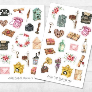 Vintage brievenstickerset - stickers, dagboekstickers, plannerstickers, stickers brievenbus, post, items, typemachine, schrijven