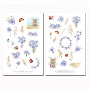 Set di adesivi Grano e Fiordaliso - Adesivi per diario, adesivi per planner, coccinelle, natura, campo, primavera, estate, foglio di adesivi con piante