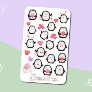 Pinguïn stickervel - Stickers, schattig, stickers, Valentijnsdag, harten, liefde, dieren, babyalbum, kinderen