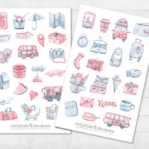 Conjunto de pegatinas de viaje a la ciudad: pegatinas, pegatinas de diario, pegatinas de planificador, pegatinas de vacaciones, mar, viajes, hoja de pegatinas, maleta, pasaporte, mapa