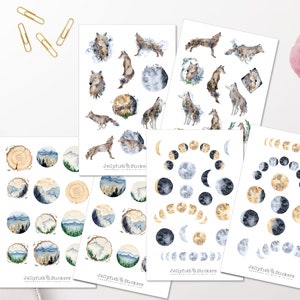 Wolf and Moon Sticker Set - Stickers, Journal Stickers, Nature Stickers, Wolves, Forest, Trees, Wilderness, Forests, PackSticker Sheet