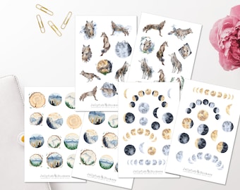 Wolf and Moon Sticker Set - Stickers, Journal Stickers, Stickers Nature, Wolves, Forest, Trees, Wilderness, Forests, Pack Sticker Sheet