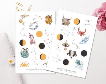 Zodiac Sticker Set - Stickers, Journal Stickers, Planner Stickers, Stars, Moon, Solar System, Mystical, Animals Sticker Sheet