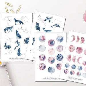 Moons and Animals Sticker Set - Journal Stickers, Stickers, Stickers, Constellations, Moon, Planets, Stars, Galaxy, Night