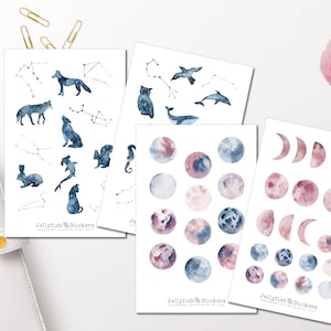 Manen en dieren sticker set - dagboekstickers, stickers, stickers, sterrenbeelden, maan, planeten, sterren, melkwegstelsel, nacht