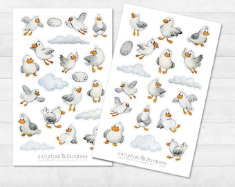 May include: Two sheets of stickers featuring watercolor illustrations of seagulls, clouds, and eggs. The stickers are labeled "Jellyfish Stickers" and "Handmade Stickers with Love".