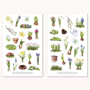Ensemble d’autocollants de printemps - Autocollants planificateur, autocollants journal, jardin, plantes, nature, fleurs, oignons, jonquille, jonquille, tulipes, jardinage