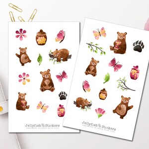 Bär Aquarell Sticker Set - Journal Sticker, Planer Sticker, Herbst, Natur, Kinder, Wald, Floral, Blumen, Rosen, Bär, Honig, niedlich