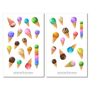 May include: Two sheets of colorful ice cream cone stickers. The stickers feature a variety of ice cream flavors, including chocolate, strawberry, vanilla, and mint chocolate chip. The stickers are perfect for adding a touch of fun to your crafts, journals, or laptops. "Jellyfish Stickers" is printed on each sheet.