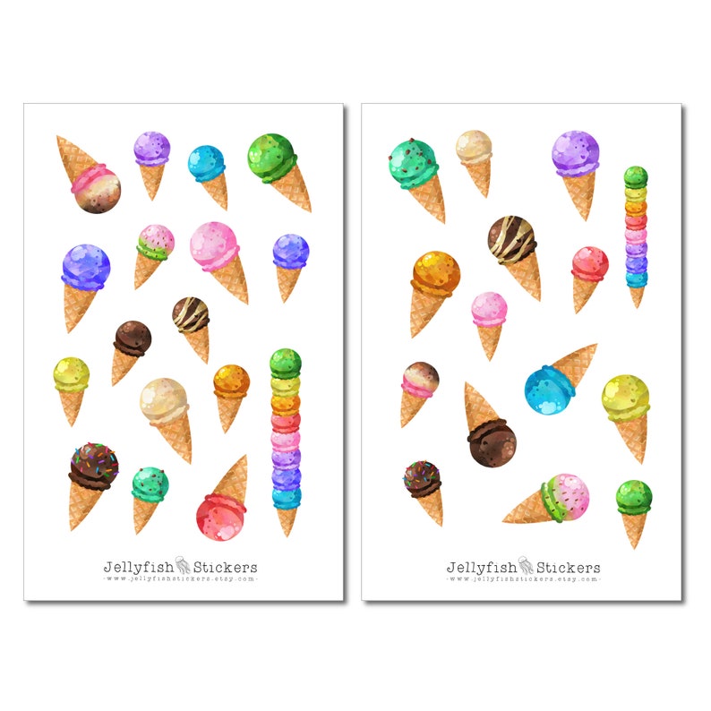 May include: Two sheets of colorful ice cream cone stickers. The stickers feature a variety of ice cream flavors, including chocolate, strawberry, vanilla, and mint chocolate chip. The stickers are perfect for adding a touch of fun to your crafts, journals, or laptops. "Jellyfish Stickers" is printed on each sheet.