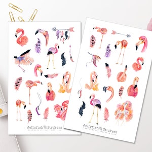Flamingo Sticker Set - Journal Stickers, Planner Stickers, Animals, Summer, Bird, Birds, Feathers, Boho, Pink, Rose Sticker Sheet