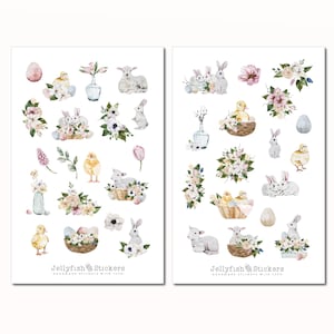 Ensemble d'autocollants de Pâques - Autocollants de planificateur, autocollants de journal, jardin, plantes, nature, fleurs, printemps, lapin, lapin de Pâques, œufs, agneau, poussin