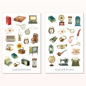 Set adesivi oggetti vintage - Adesivi, adesivi per diario, adesivi pianificatore, oggetti adesivi, elementi, casa, macchina fotografica, macchina da scrivere