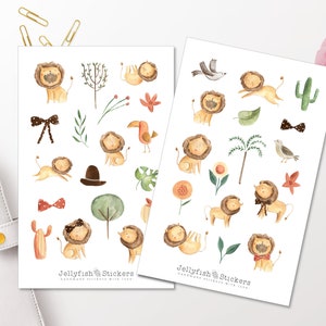 Conjunto de adesivos de leão - adesivos de diário, adesivos de planejador, fofos, doces, adesivos para crianças, bebê, criança, safari, África, animais, deserto, natureza