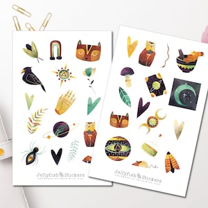 Magische Tiere Sticker Set - Aufkleber Journal Sticker Planer Sticker Sticker Magie, Zauber, Aquarell, Mond, Planeten, Katze
