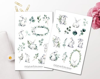 Bunnies and Eucalyptus Sticker Set - Journal Stickers, Planner Stickers, Bunny, Easter, Cute, Sweet, Flowers, Holidays, Nature, Garden, Plants