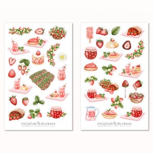 Conjunto de pegatinas de fresas - Pegatinas de diario, pegatinas del planificador, calcomanías, pegatinas de verano, flores, plantas, jardín, campo de fresas, postre, pastel