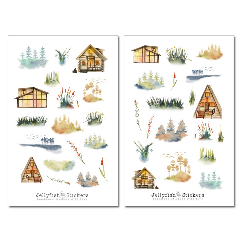 Forest Nature Sticker Set Journal Stickers, Planner Stickers, Trees, Houses, House, Flowers, Christmas Tree Sticker Sheet Accessories image 2