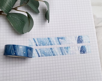 Washi Tape Blauer Marmor dunkel - Silber, Aquarell, Wasserfarben, Sterne, Galaxie, Magie