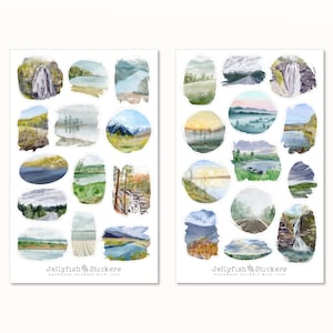 Landschapsstickerset - Dagboekstickers, Plannerstickers, Vakantiestickers, Natuur, Meer, Rivier, Reizen, Wandelen, Avontuur, Bergen