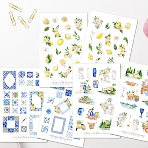 Juego de pegatinas de vacaciones - Pegatinas de diario, pegatinas de verano, plantas, limón, flores, azulejos marroquíes, porcelana, jarrones, busto, Mediterráneo